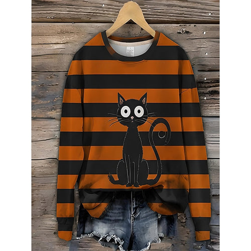 Cat Print Striped Sweatshirt Women's Orange Black Crewneck Pullover – Halloween, Casual