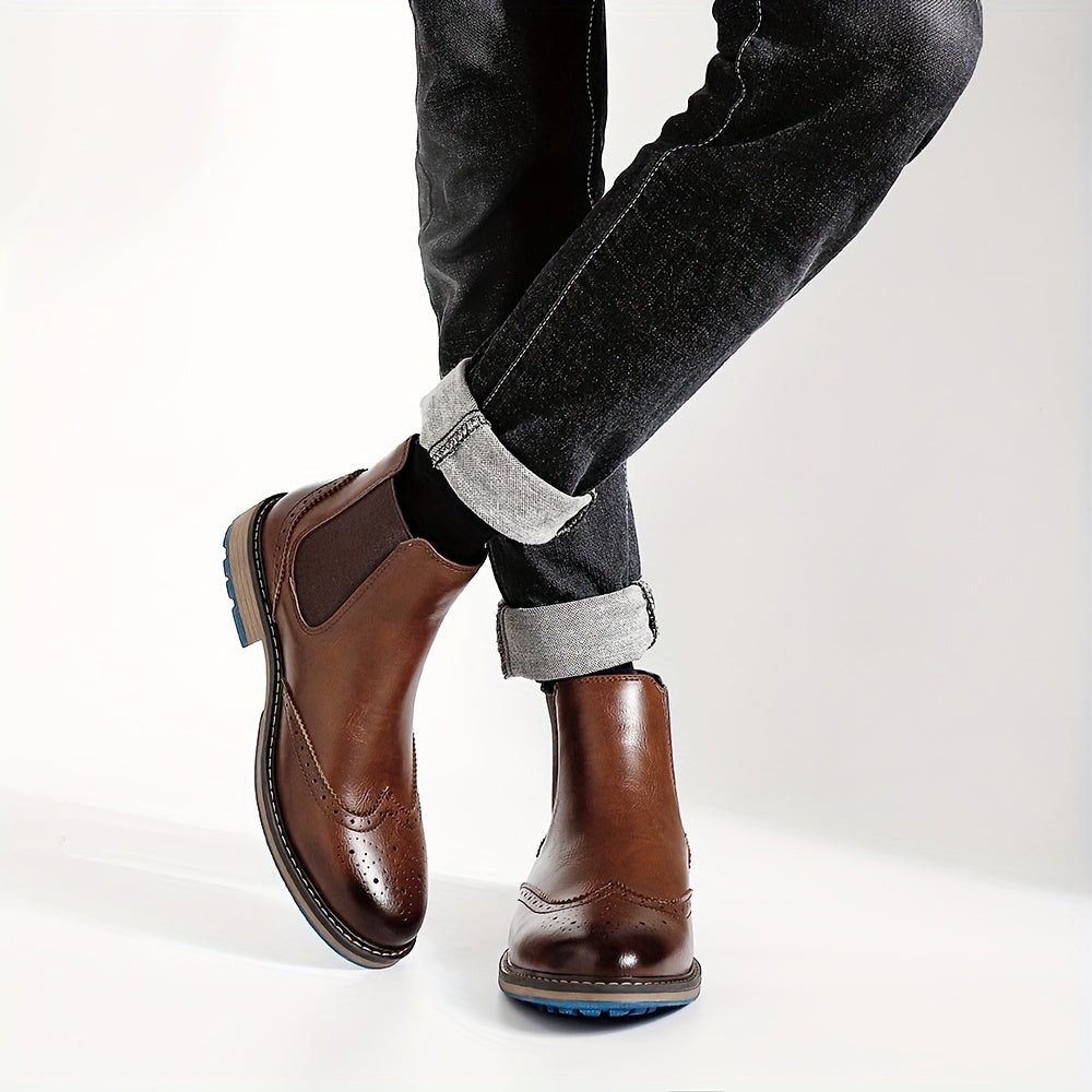 Chelsea Boots Men's Black Brogue Wingtip Ankle Boots Slip-On – Office, Casual, Dress, Gift