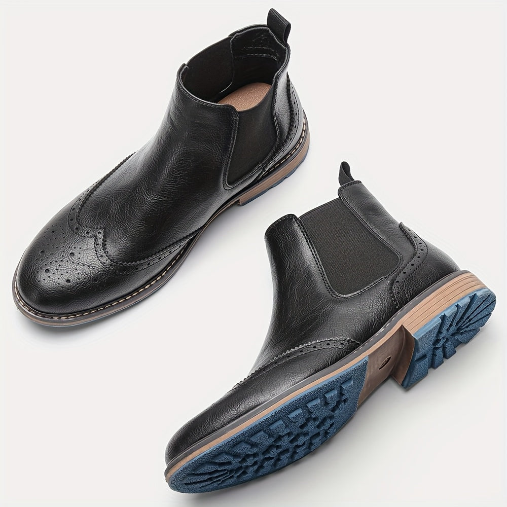 Chelsea Boots Men's Black Brogue Wingtip Ankle Boots Slip-On – Office, Casual, Dress, Gift
