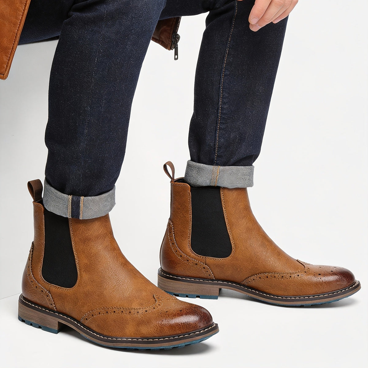 Chelsea Boots Men's Black Brogue Wingtip Ankle Boots Slip-On – Office, Casual, Dress, Gift