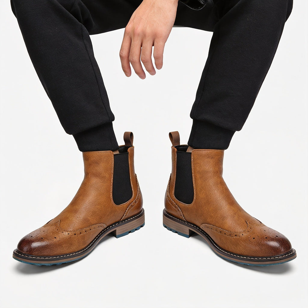 Chelsea Boots Men's Black Brogue Wingtip Ankle Boots Slip-On – Office, Casual, Dress, Gift