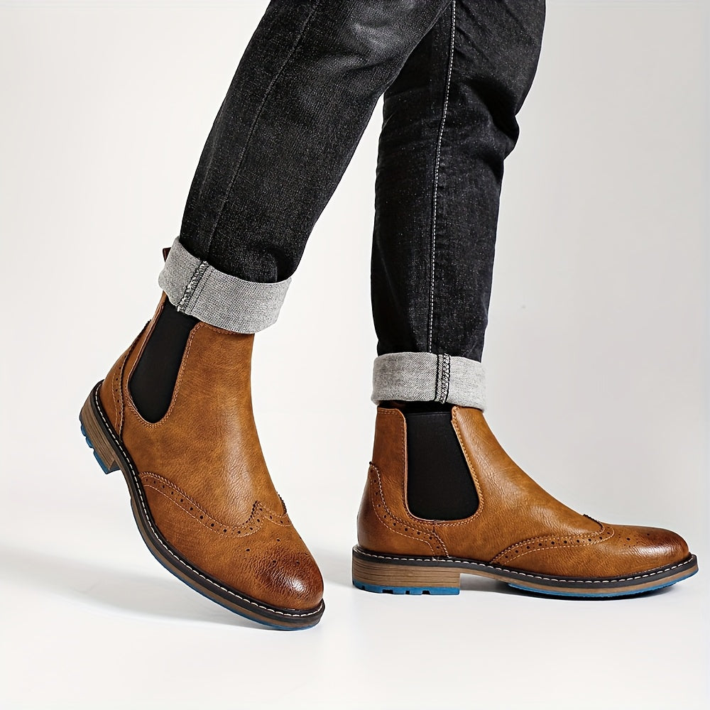 Chelsea Boots Men's Black Brogue Wingtip Ankle Boots Slip-On – Office, Casual, Dress, Gift
