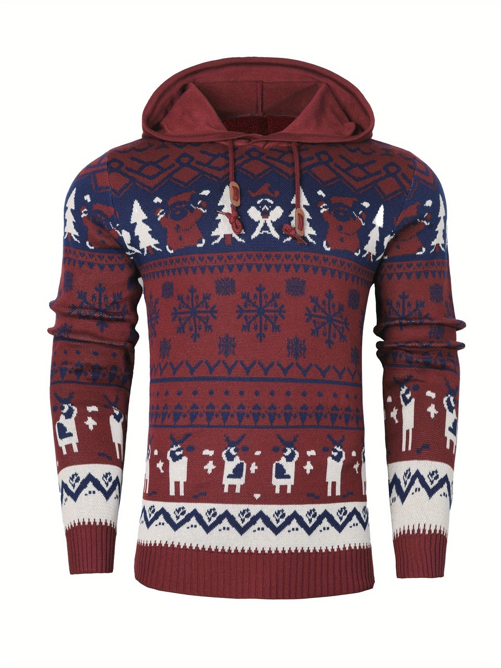 Christmas Hooded Sweater Men's Knit Reindeer Snowflake Fair Isle Pullover – Holiday, Winter, Gift, Casual