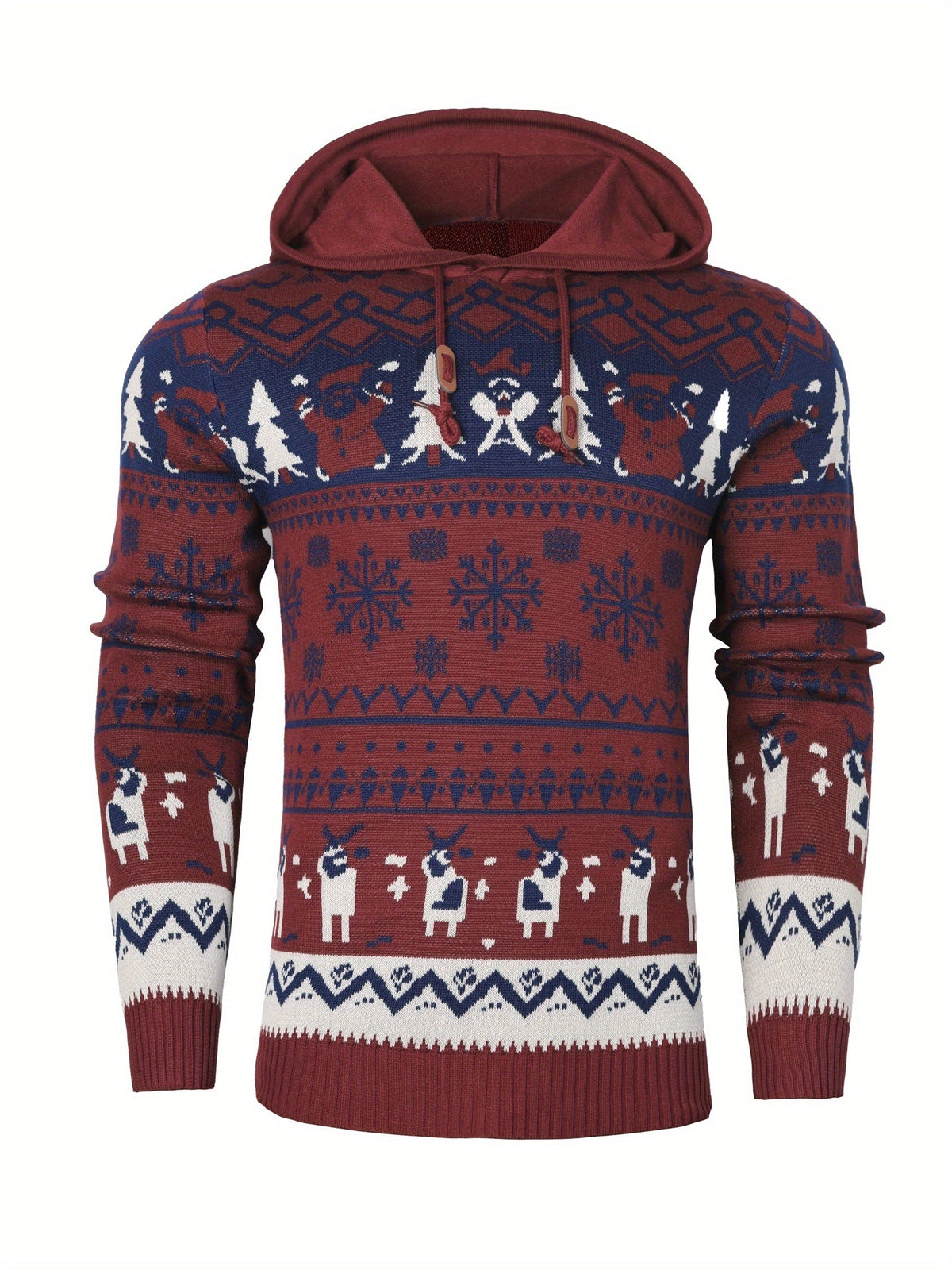 Christmas Hooded Sweater Men's Knit Reindeer Snowflake Fair Isle Pullover – Holiday, Winter, Gift, Casual