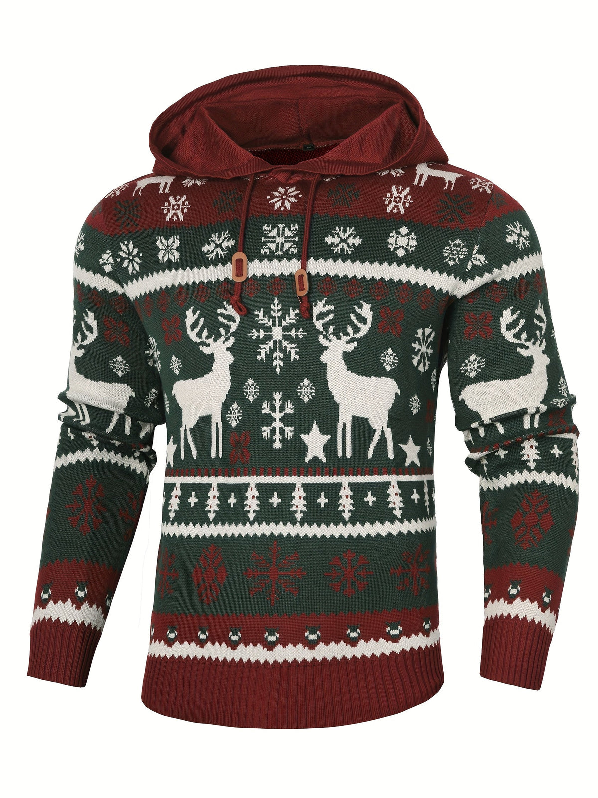 Christmas Hooded Sweater Men's Knit Reindeer Snowflake Fair Isle Pullover – Holiday, Winter, Gift, Casual