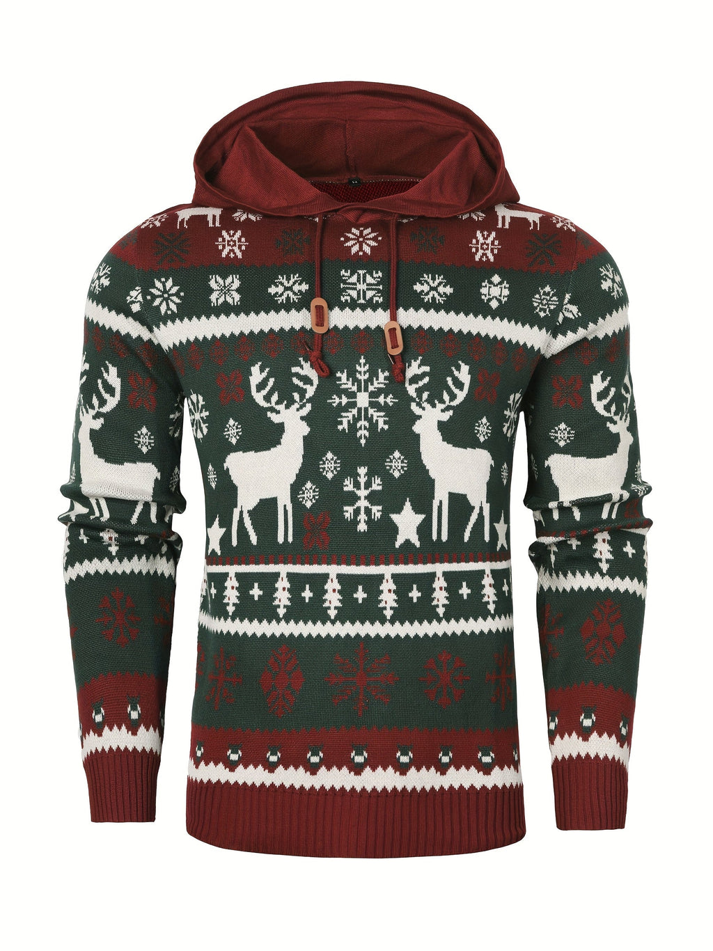 Christmas Hooded Sweater Men's Knit Reindeer Snowflake Fair Isle Pullover – Holiday, Winter, Gift, Casual