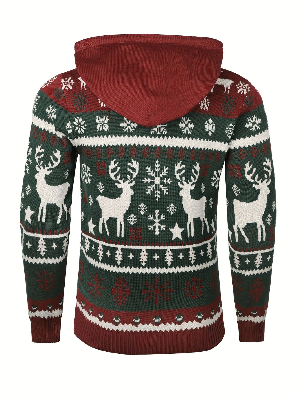 Christmas Hooded Sweater Men's Knit Reindeer Snowflake Fair Isle Pullover – Holiday, Winter, Gift, Casual