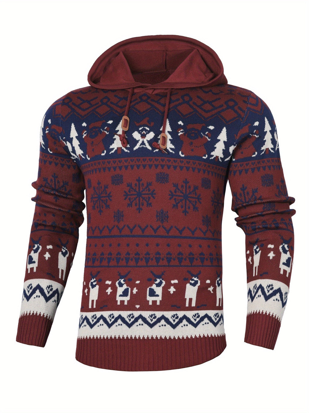 Christmas Hooded Sweater Men's Knit Reindeer Snowflake Fair Isle Pullover – Holiday, Winter, Gift, Casual