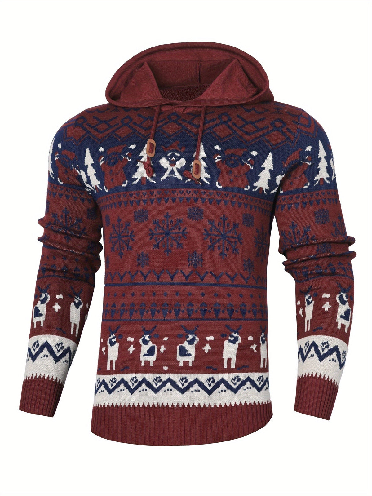 Christmas Hooded Sweater Men's Knit Reindeer Snowflake Fair Isle Pullover – Holiday, Winter, Gift, Casual