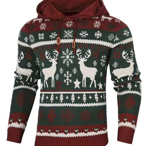 Christmas Hooded Sweater Men's Knit Reindeer Snowflake Fair Isle Pullover – Holiday, Winter, Gift, Casual