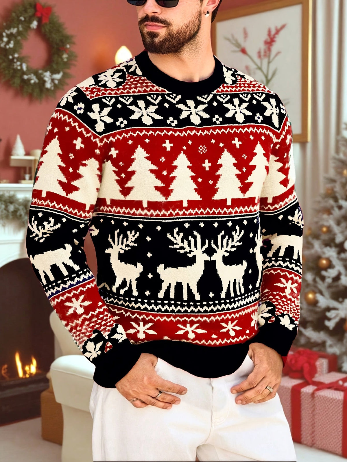 Christmas Sweater Men's Reindeer Snowflake Tree Knit Crewneck Red Green – Holiday, Gift