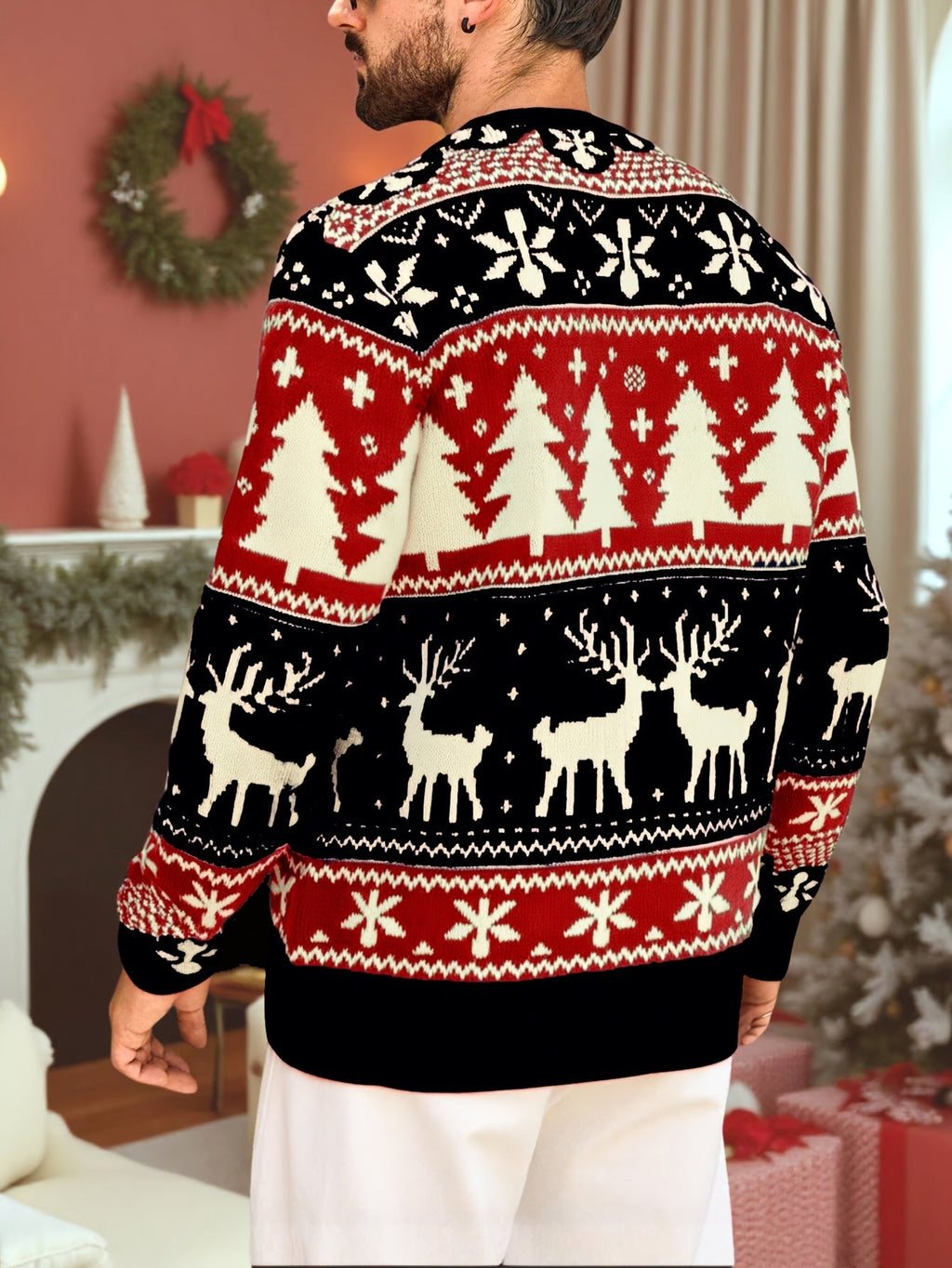 Christmas Sweater Men's Reindeer Snowflake Tree Knit Crewneck Red Green – Holiday, Gift