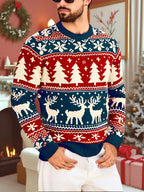 Christmas Sweater Men's Reindeer Snowflake Tree Knit Crewneck Red Green – Holiday, Gift