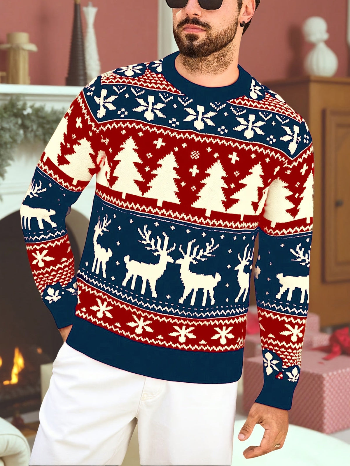 Christmas Sweater Men's Reindeer Snowflake Tree Knit Crewneck Red Green – Holiday, Gift
