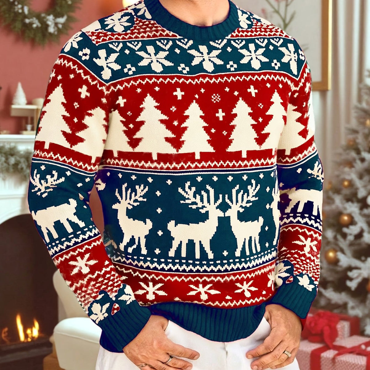Christmas Sweater Men's Reindeer Snowflake Tree Knit Crewneck Red Green – Holiday, Gift