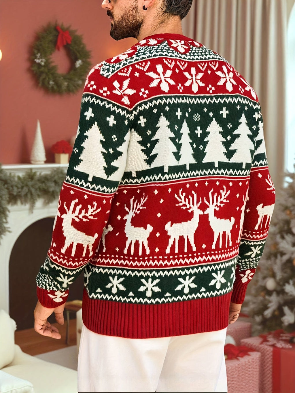 Christmas Sweater Men's Reindeer Snowflake Tree Knit Crewneck Red Green – Holiday, Gift