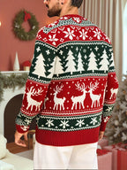 Christmas Sweater Men's Reindeer Snowflake Tree Knit Crewneck Red Green – Holiday, Gift