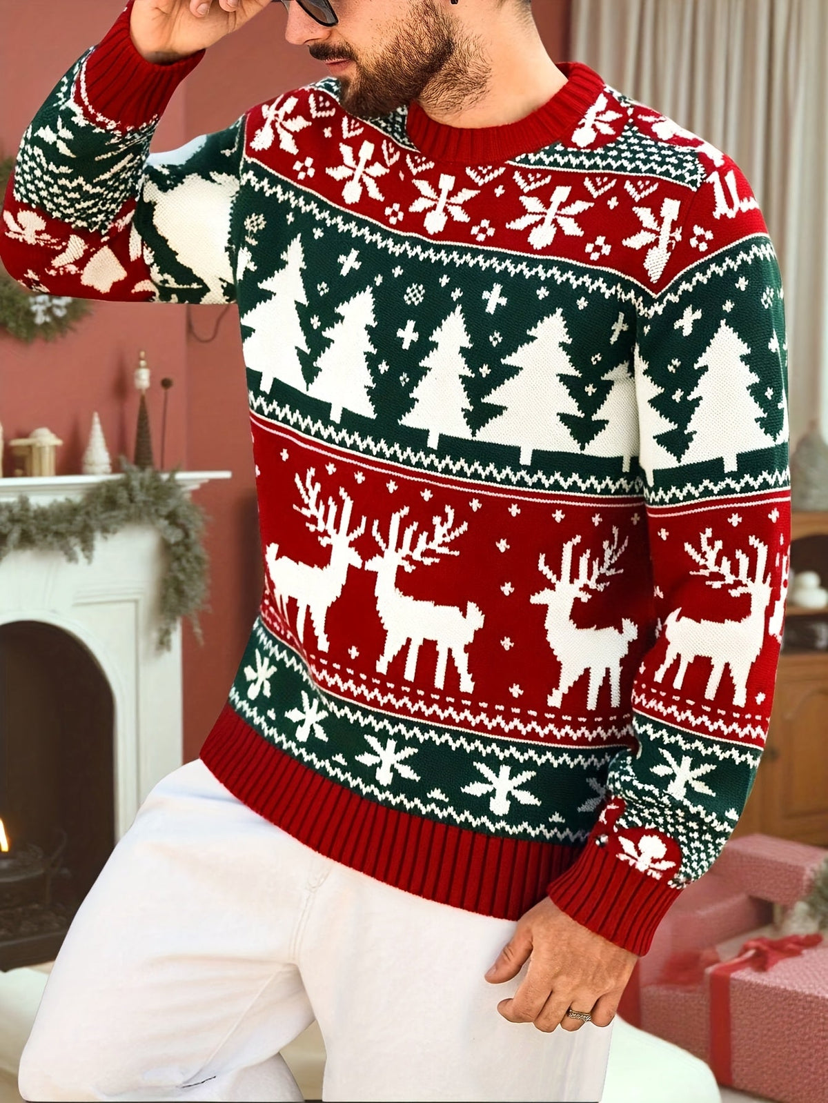 Christmas Sweater Men's Reindeer Snowflake Tree Knit Crewneck Red Green – Holiday, Gift