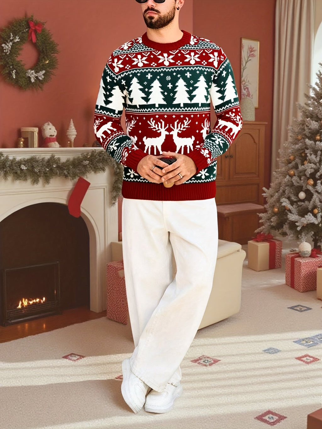 Christmas Sweater Men's Reindeer Snowflake Tree Knit Crewneck Red Green – Holiday, Gift