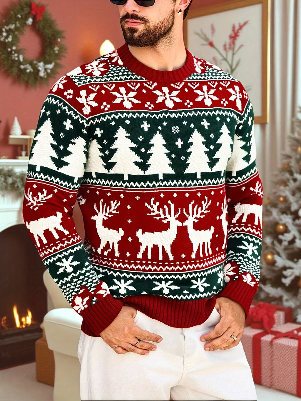 Christmas Sweater Men's Reindeer Snowflake Tree Knit Crewneck Red Green – Holiday, Gift