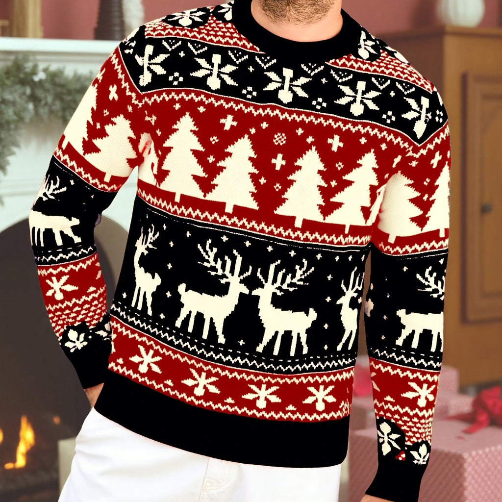 Christmas Sweater Men's Reindeer Snowflake Tree Knit Crewneck Red Green – Holiday, Gift