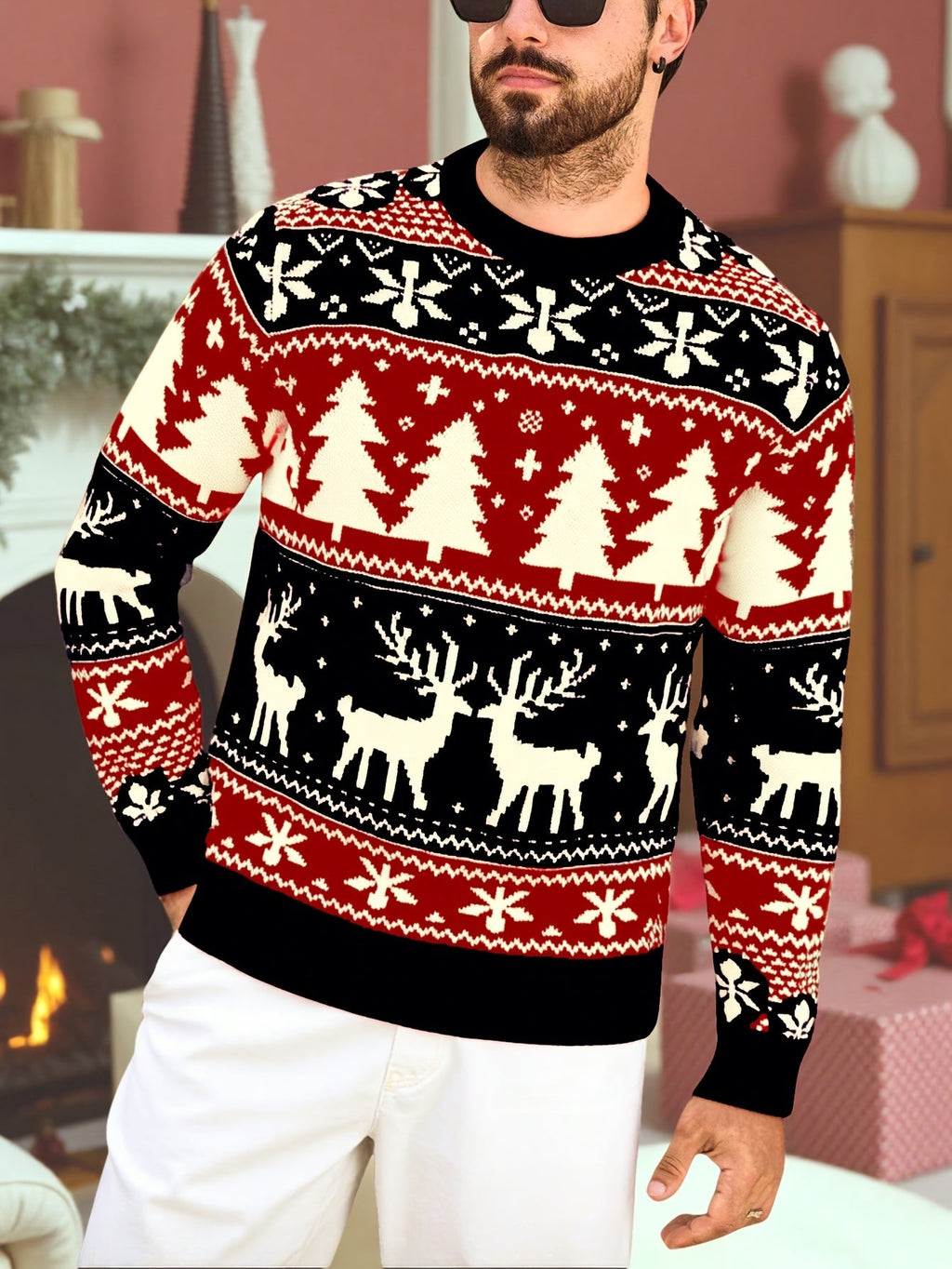 Christmas Sweater Men's Reindeer Snowflake Tree Knit Crewneck Red Green – Holiday, Gift