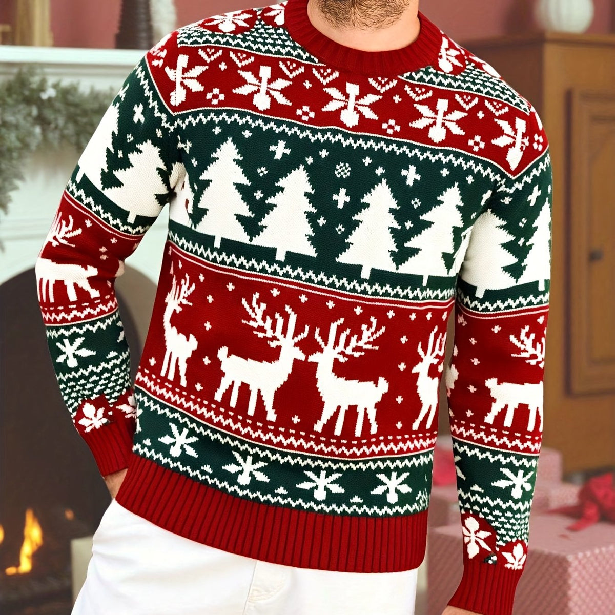 Christmas Sweater Men's Reindeer Snowflake Tree Knit Crewneck Red Green – Holiday, Gift