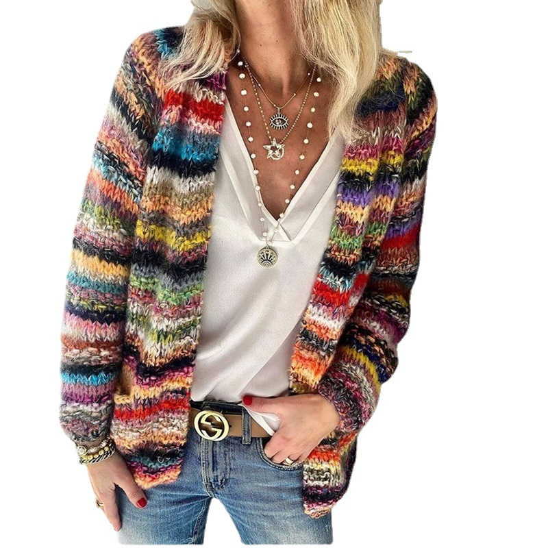 Chunky Knit Cardigan Women's Multicolor Striped Open Front Sweater – Casual, Office, Holiday, Gift