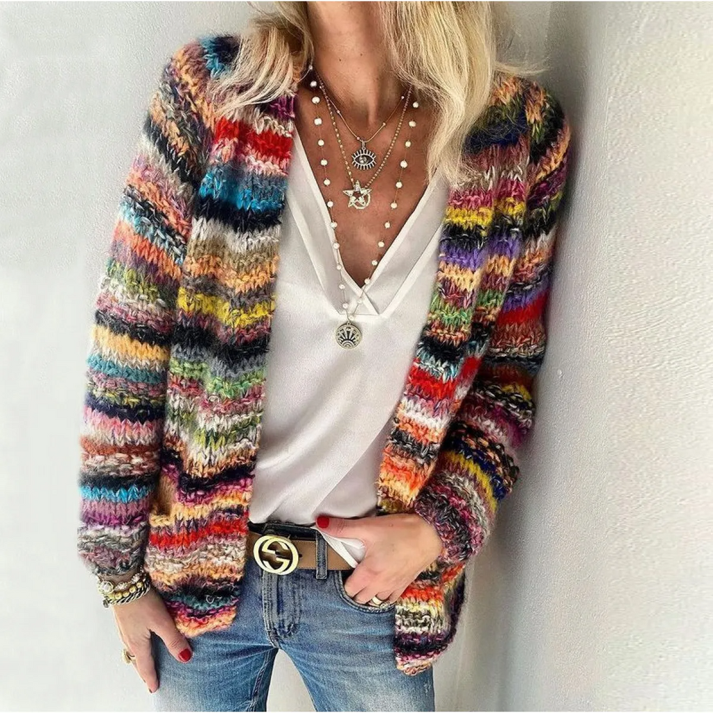 Chunky Knit Cardigan Women's Multicolor Striped Open Front Sweater – Casual, Office, Holiday, Gift