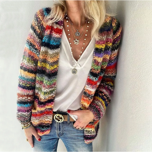 Chunky Knit Cardigan Women's Multicolor Striped Open Front Sweater – Casual, Office, Holiday, Gift