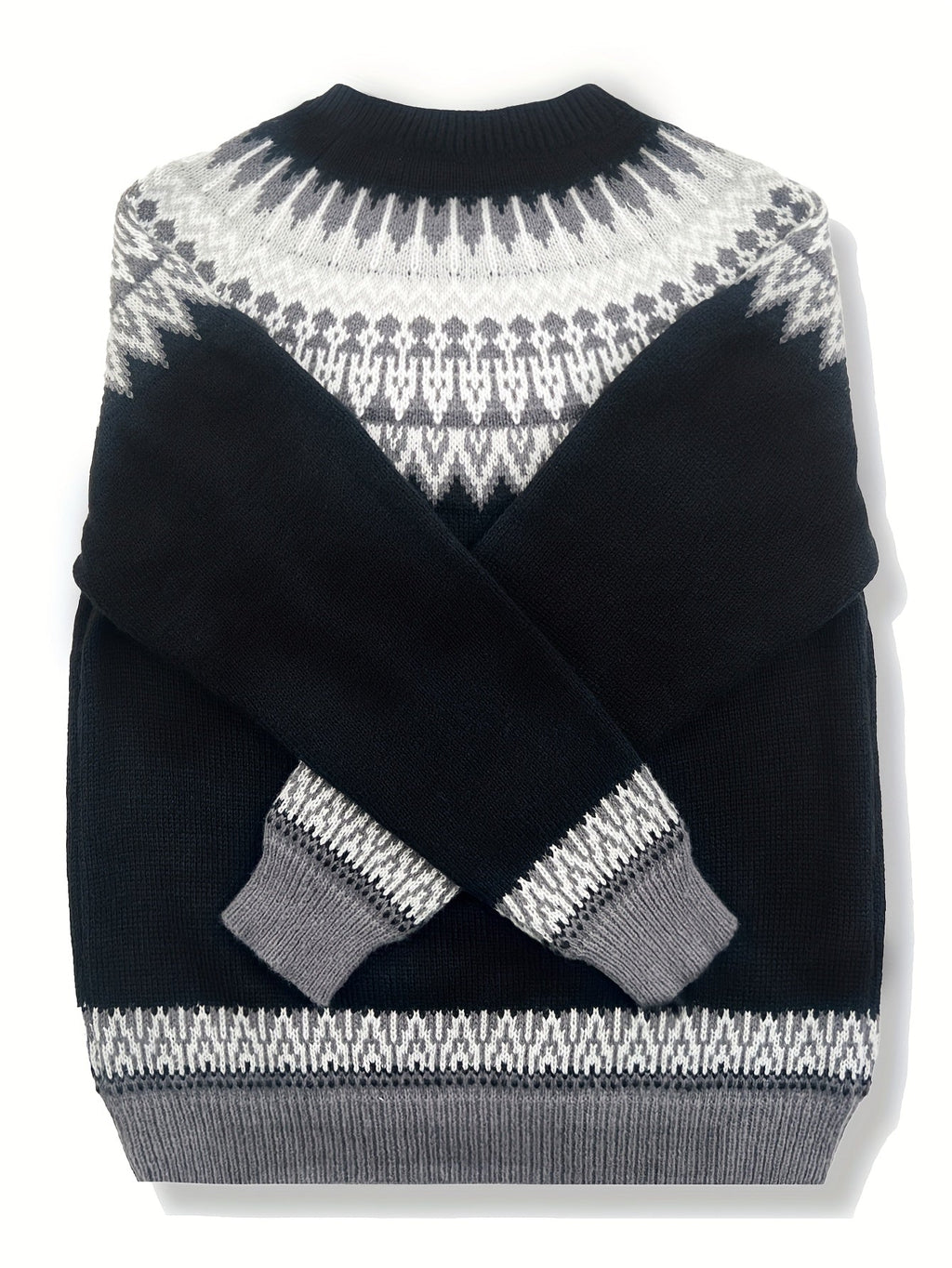 Chunky Knit Jacquard Sweater Women's Green Black Round Neck Pullover – Casual, Office