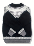 Chunky Knit Jacquard Sweater Women's Green Black Round Neck Pullover – Casual, Office