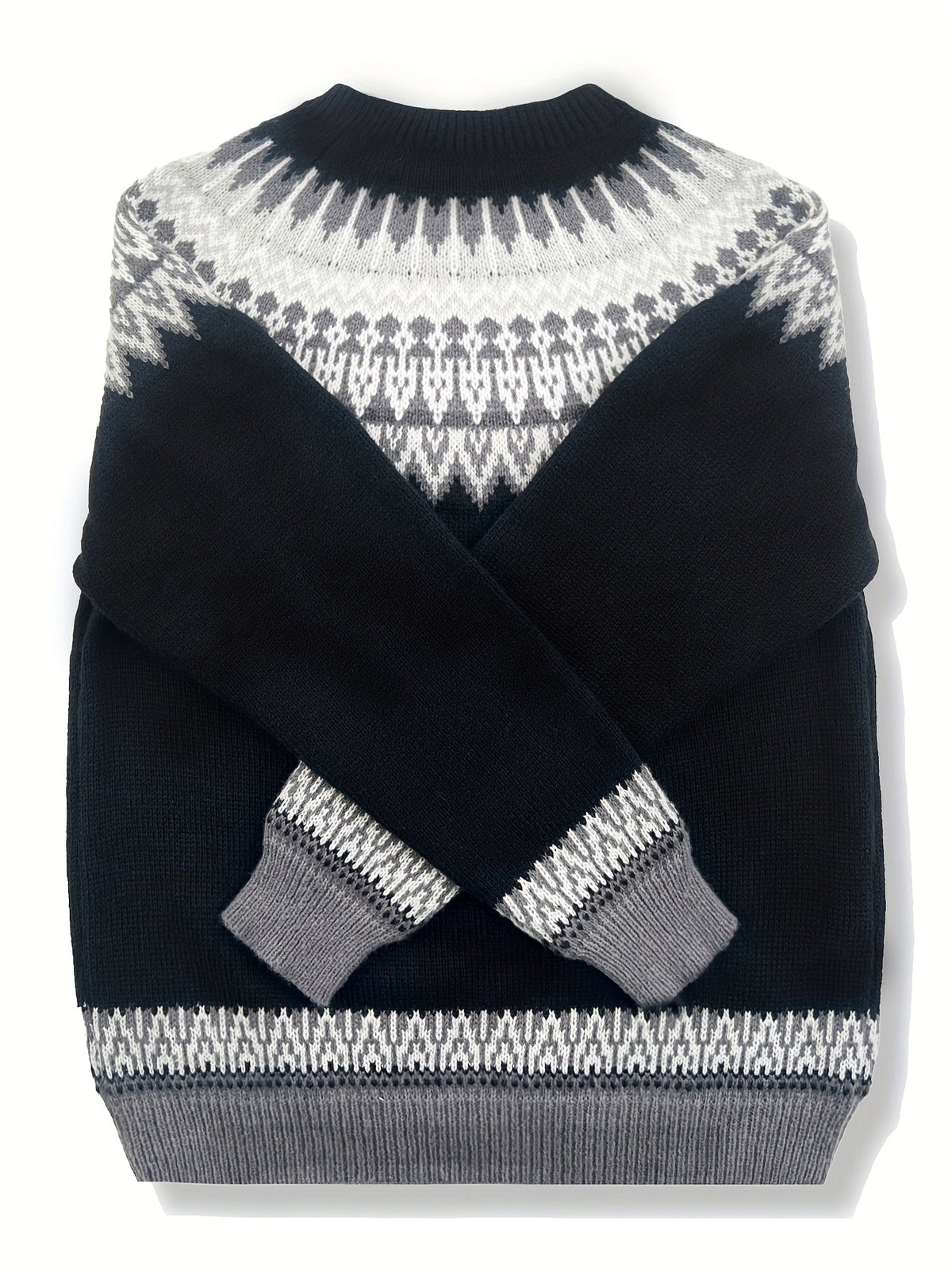 Chunky Knit Jacquard Sweater Women's Green Black Round Neck Pullover – Casual, Office