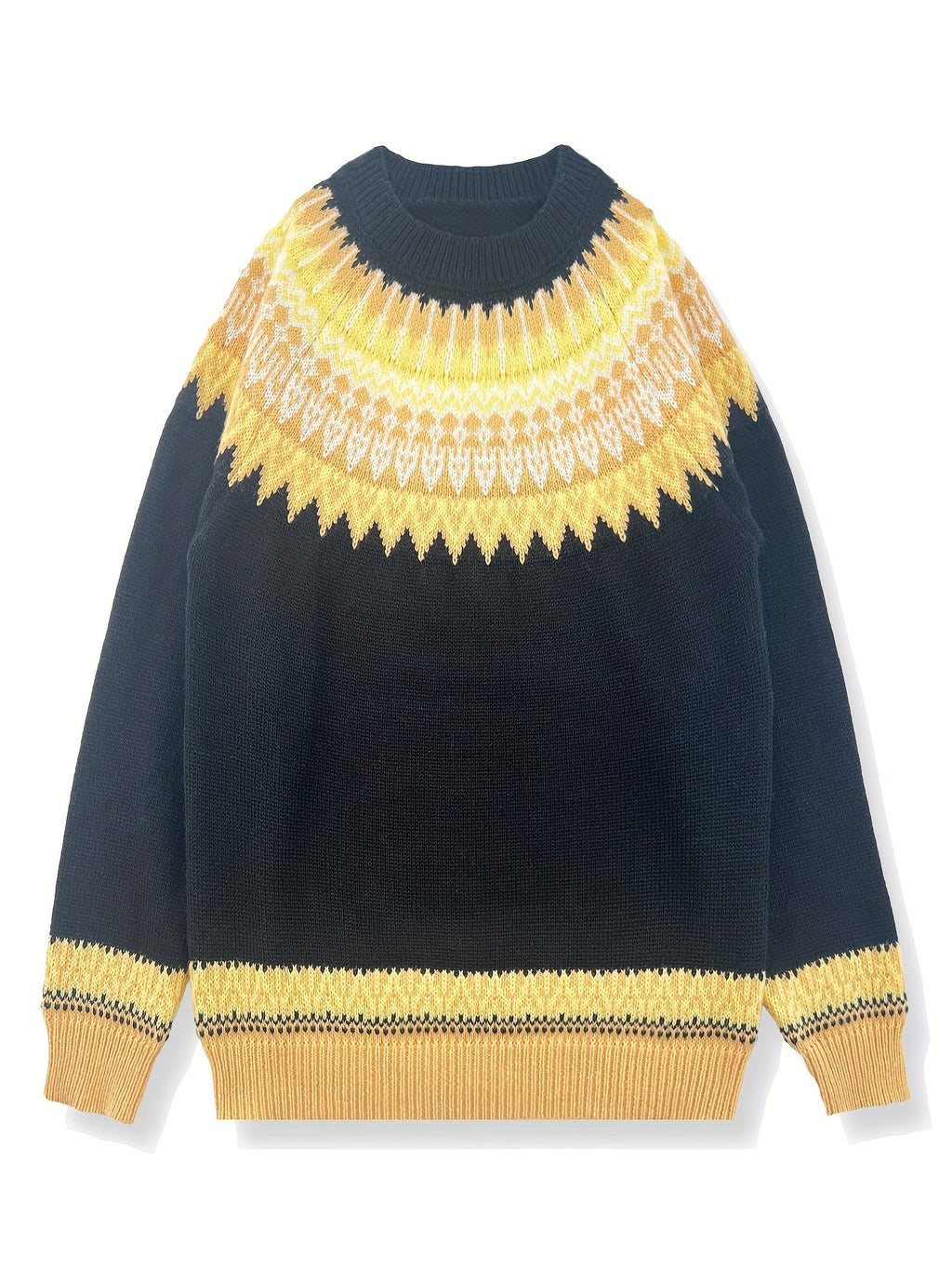 Chunky Knit Jacquard Sweater Women's Green Black Round Neck Pullover – Casual, Office