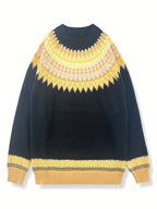 Chunky Knit Jacquard Sweater Women's Green Black Round Neck Pullover – Casual, Office