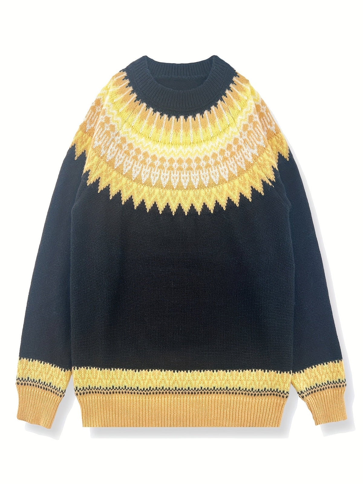 Chunky Knit Jacquard Sweater Women's Green Black Round Neck Pullover – Casual, Office