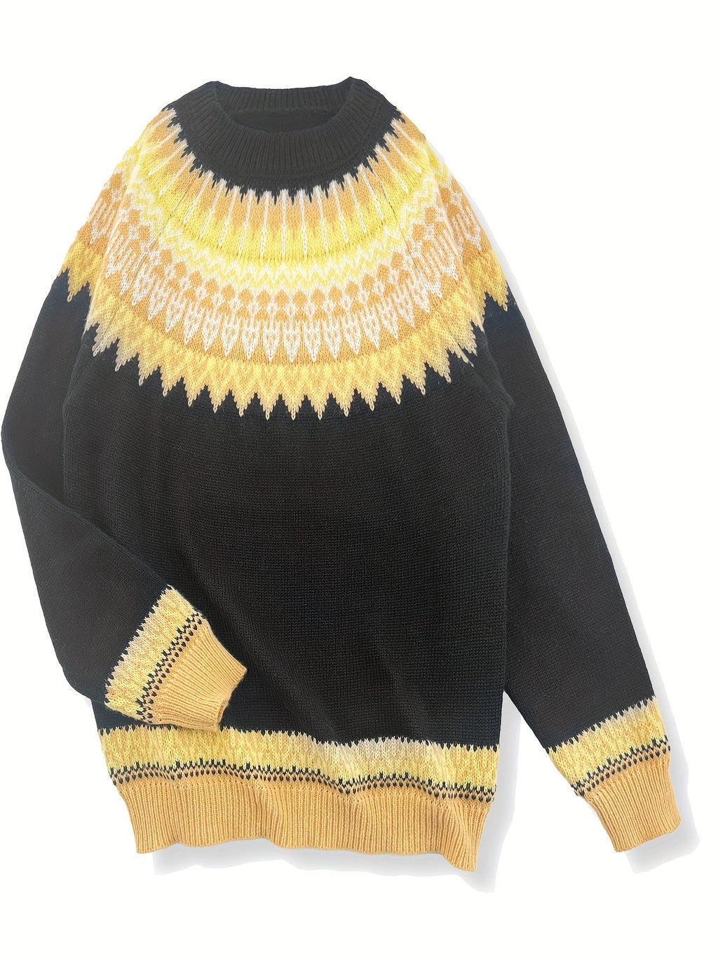 Chunky Knit Jacquard Sweater Women's Green Black Round Neck Pullover – Casual, Office