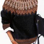 Chunky Knit Jacquard Sweater Women's Green Black Round Neck Pullover – Casual, Office