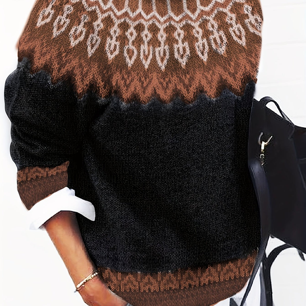 Chunky Knit Jacquard Sweater Women's Green Black Round Neck Pullover – Casual, Office