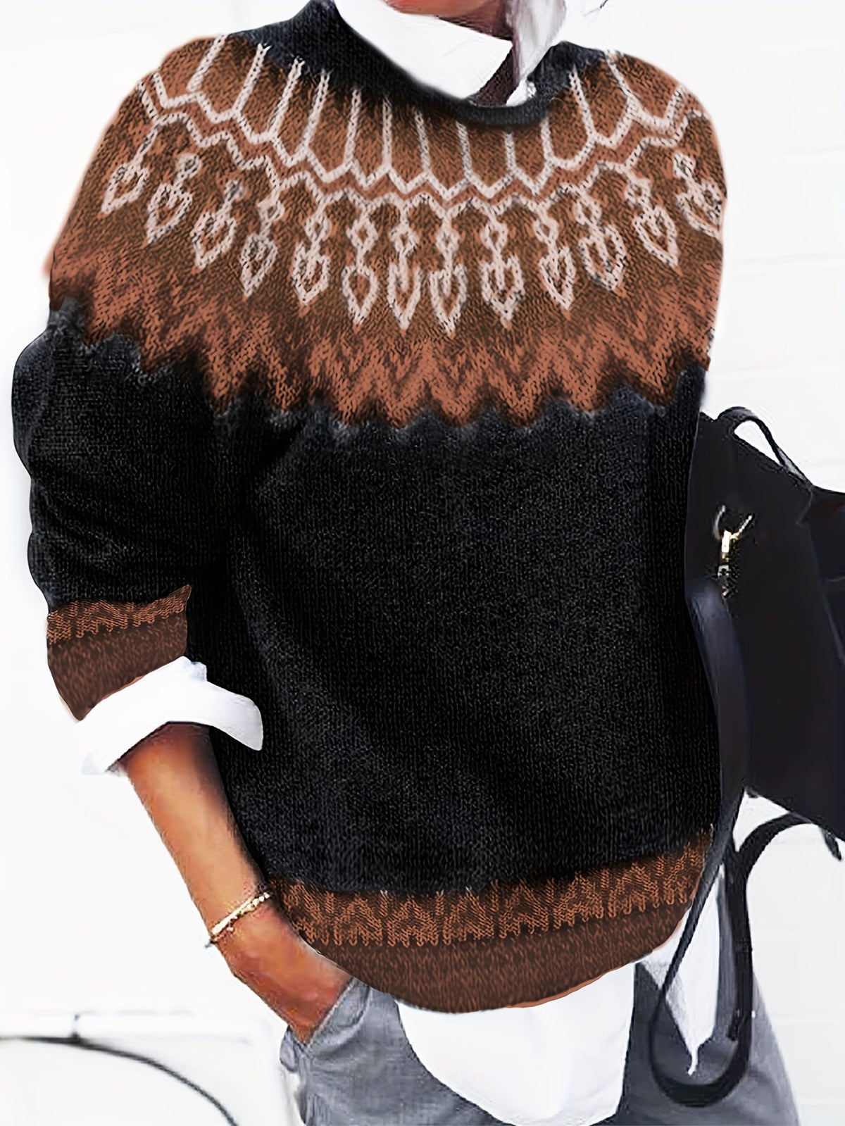 Chunky Knit Jacquard Sweater Women's Green Black Round Neck Pullover – Casual, Office
