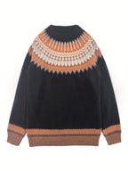 Chunky Knit Jacquard Sweater Women's Green Black Round Neck Pullover – Casual, Office