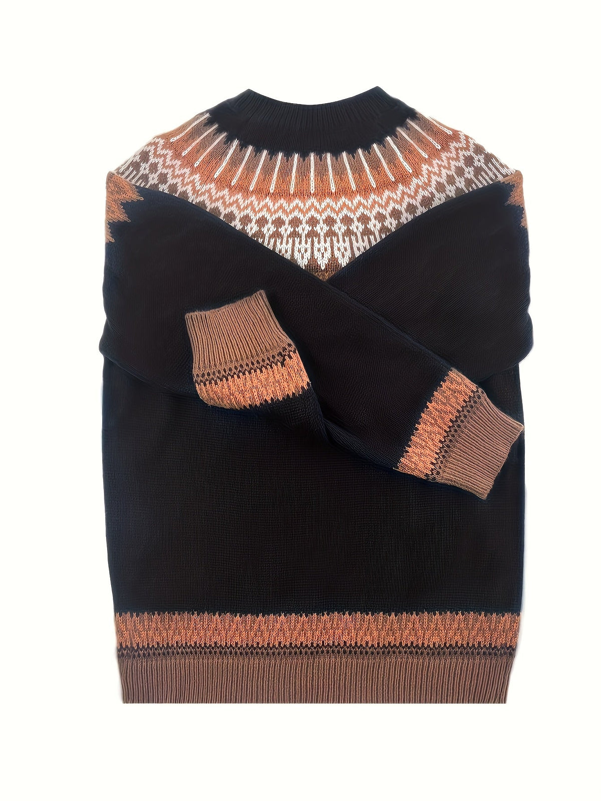 Chunky Knit Jacquard Sweater Women's Green Black Round Neck Pullover – Casual, Office