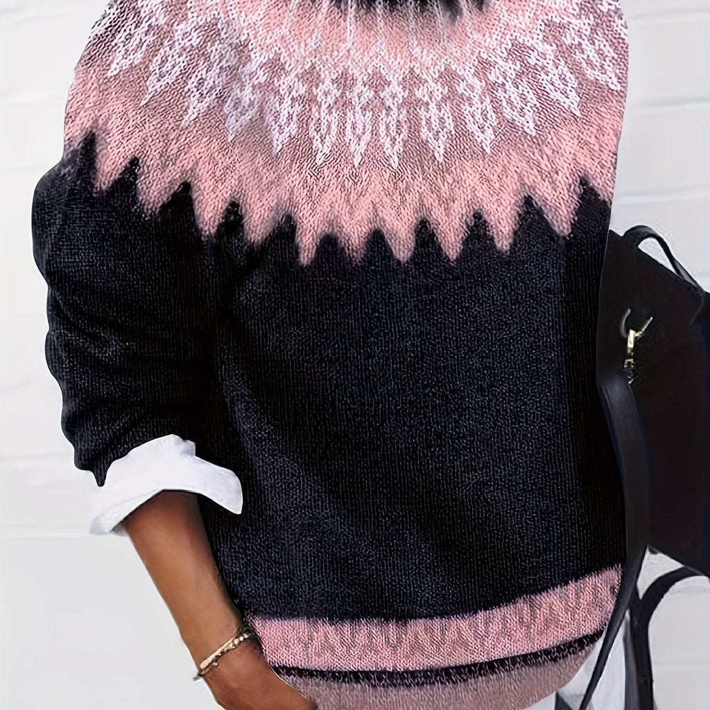 Chunky Knit Jacquard Sweater Women's Green Black Round Neck Pullover – Casual, Office