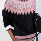 Chunky Knit Jacquard Sweater Women's Green Black Round Neck Pullover – Casual, Office