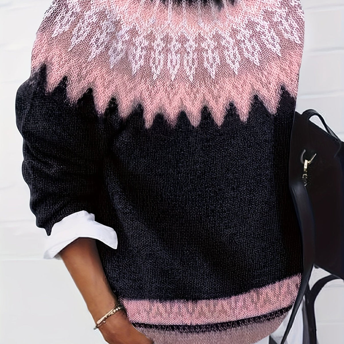 Chunky Knit Jacquard Sweater Women's Green Black Round Neck Pullover – Casual, Office