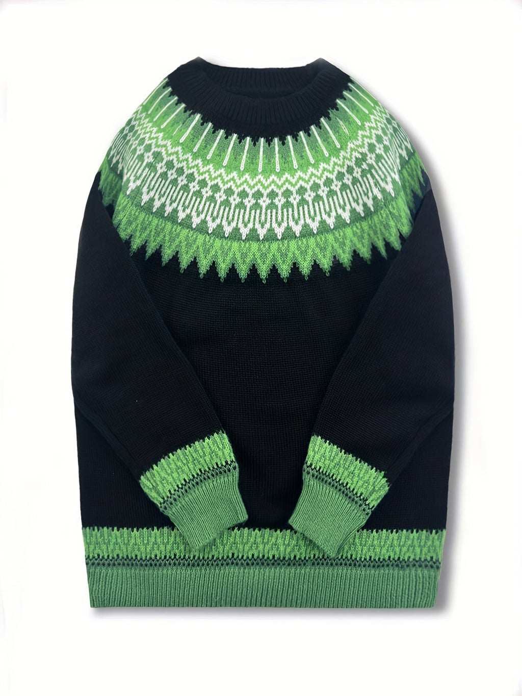 Chunky Knit Jacquard Sweater Women's Green Black Round Neck Pullover – Casual, Office