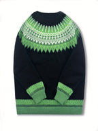 Chunky Knit Jacquard Sweater Women's Green Black Round Neck Pullover – Casual, Office