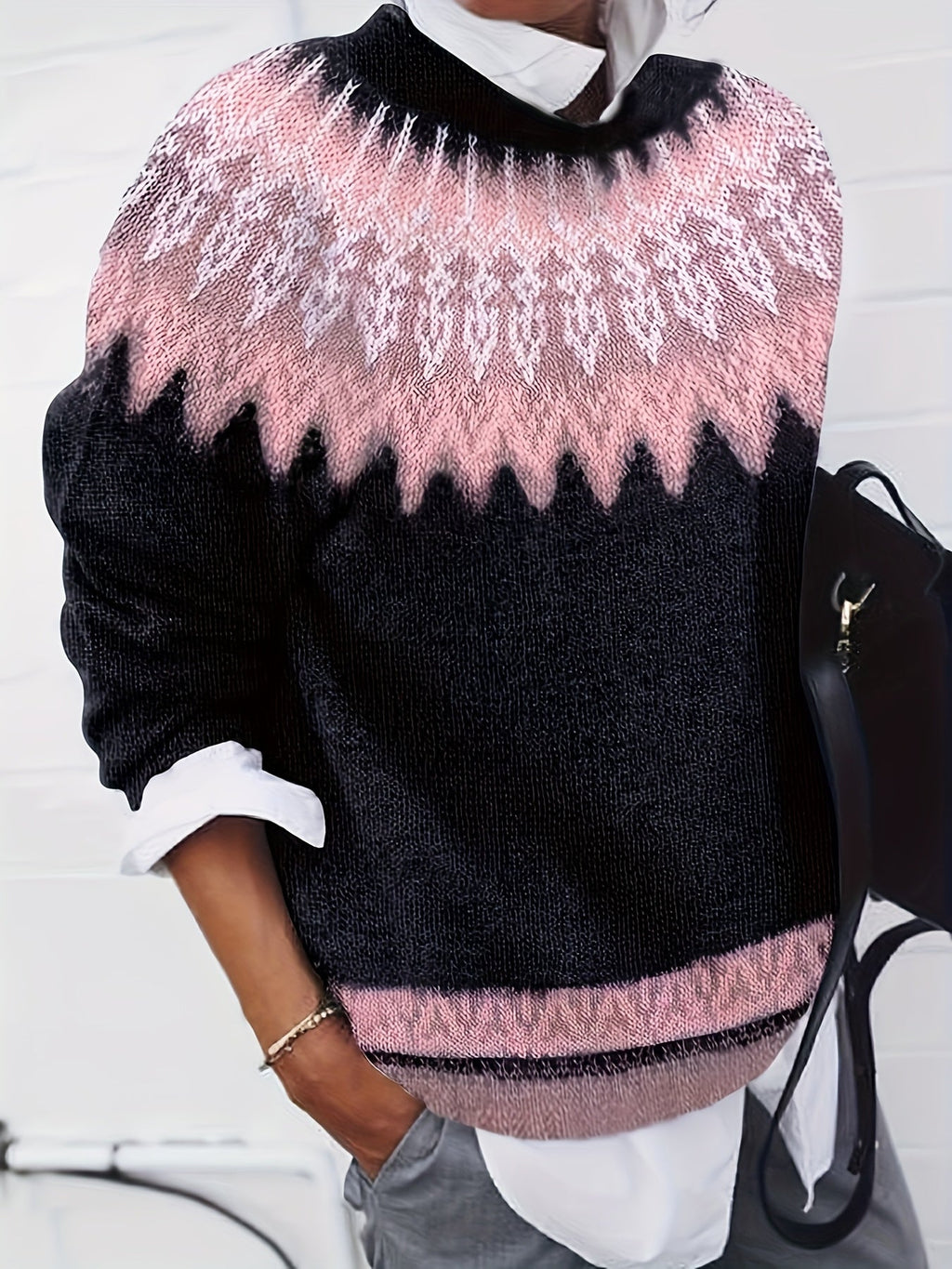 Chunky Knit Jacquard Sweater Women's Green Black Round Neck Pullover – Casual, Office