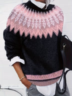 Chunky Knit Jacquard Sweater Women's Green Black Round Neck Pullover – Casual, Office
