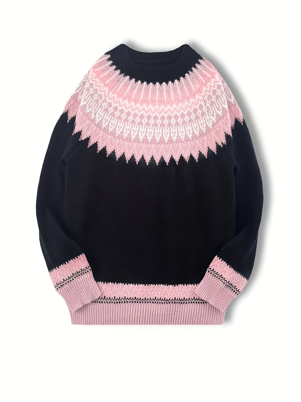 Chunky Knit Jacquard Sweater Women's Green Black Round Neck Pullover – Casual, Office